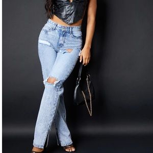 PrettyLittleThing Ice Blue Ripped Split Hem Jeans